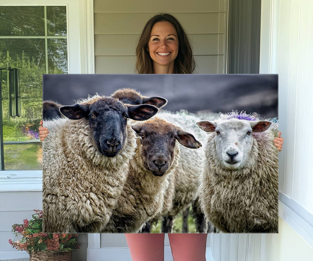 The Charming Sheep Portrait Wall Art hangs on a wooden wall.