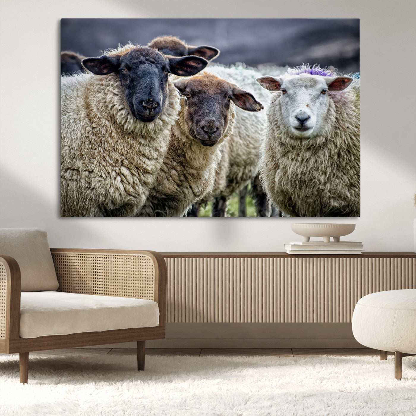 -Charming Sheep Portrait Wall Art – Trio of Woolly Companions Canvas Print, Framed, Ready to Hang