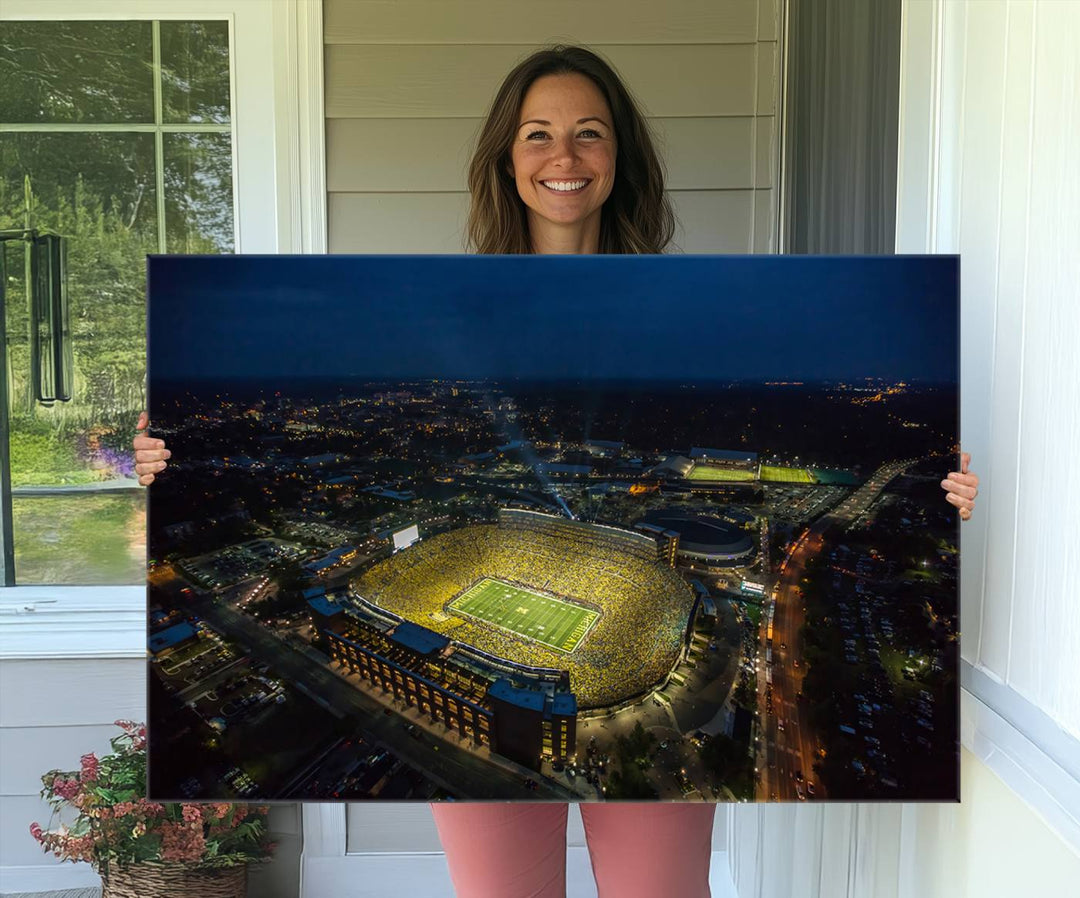 Aerial view of Michigan Stadium nightlife on canvas – Framed, ready-to-hang sports arena wall art.