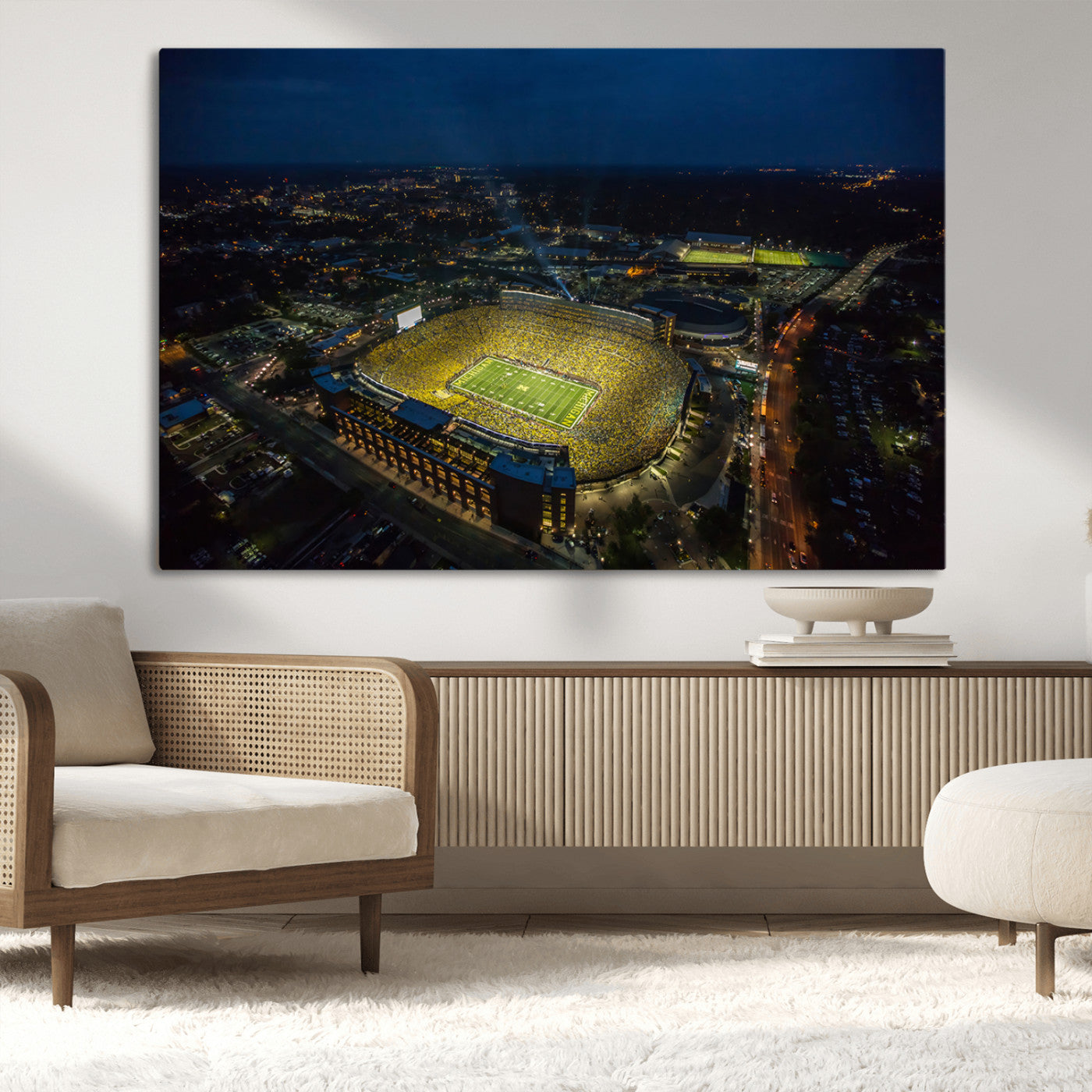MGV-CV-36X24 - Michigan Stadium Night Game Wall Art – Sports Arena Aerial View Canvas Print, Framed, Ready to Hang