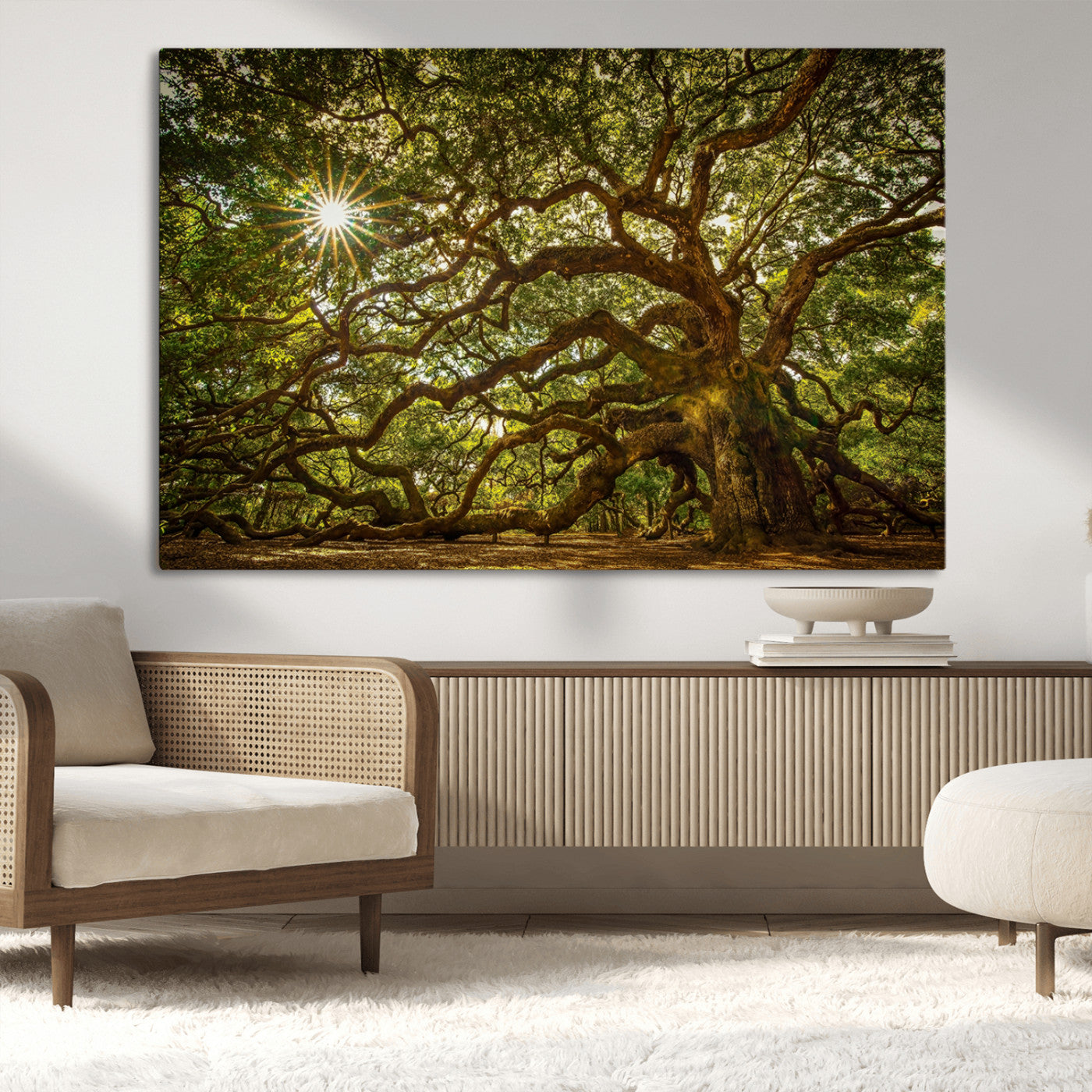 MGV-CV-36X24 - Ancient Angel Oak Tree Art Sunburst Canvas Print- Nature-Inspired Triptych Canvas Print, Framed, Ready to Hang