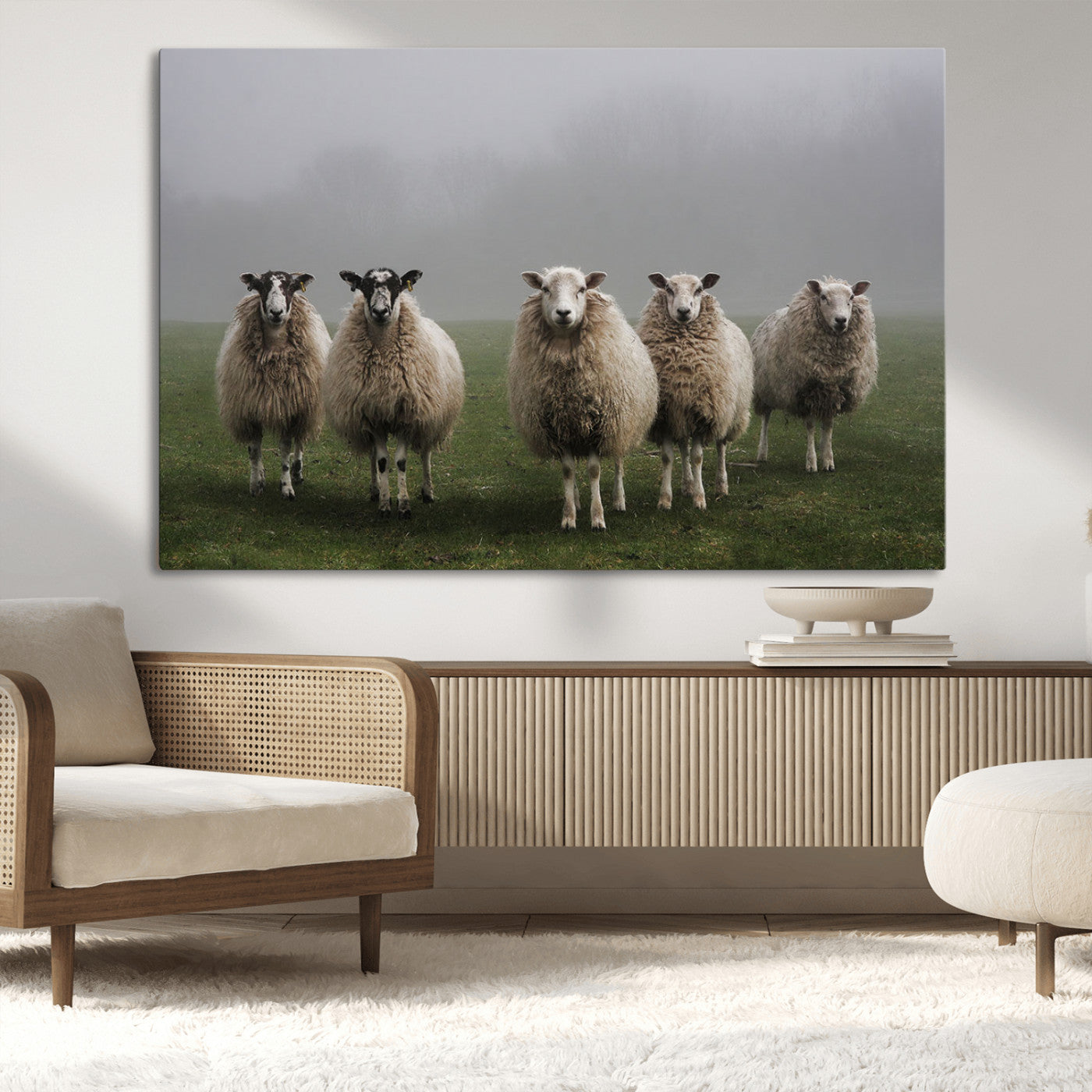 -Flock of Sheep in a Mystical Fog – Pastoral Wall Art Canvas Print, Framed, Ready to Hang