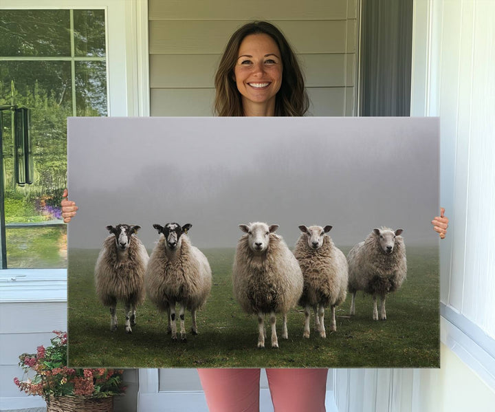 The Flock of Sheep in a Mystical Fog canvas print is framed and ready to hang.