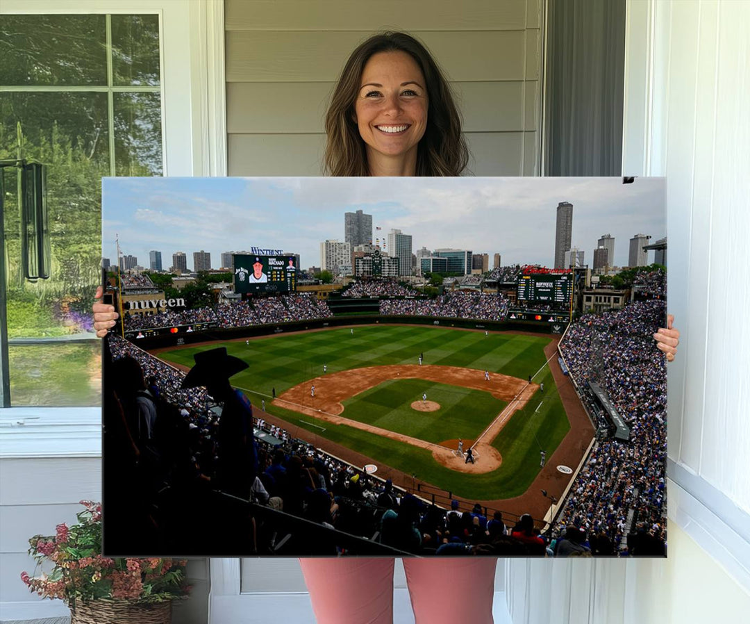 Admire this museum-quality canvas print of a Chicago Cubs game with a cityscape view from the stands at Wrigley Field.