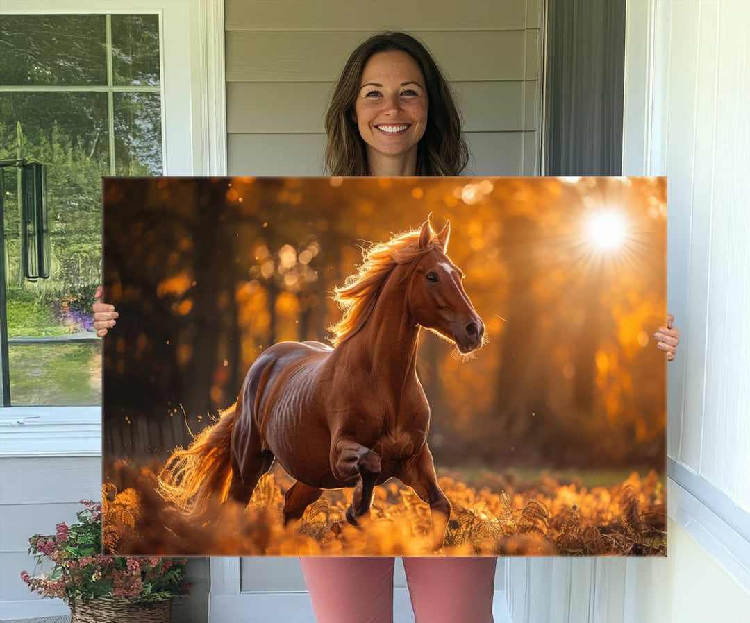 The Running Horse Sunset Forest Wall Art Canvas Print showcases a gallop in an autumn forest with sunlight streaming through the trees.