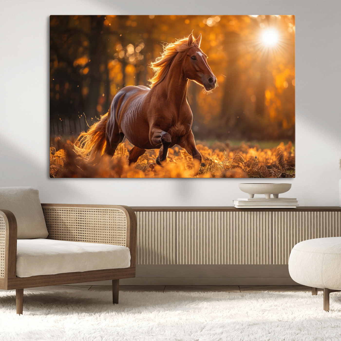 -Running Horse Sunset Forest Wall Art Canvas Print