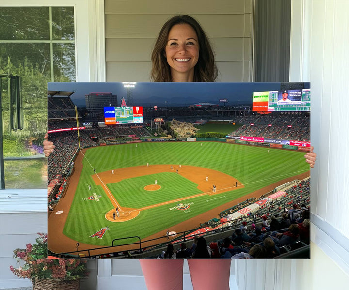 The Angel Stadium Aerial View canvas print of an Angels baseball game is showcased.