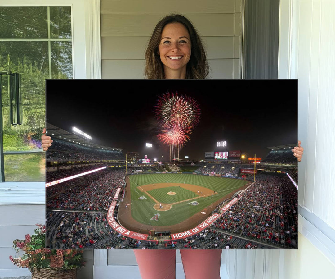 Fireworks at Angel Stadium – LA Angels Night Game Canvas Print, framed and ready to hang.