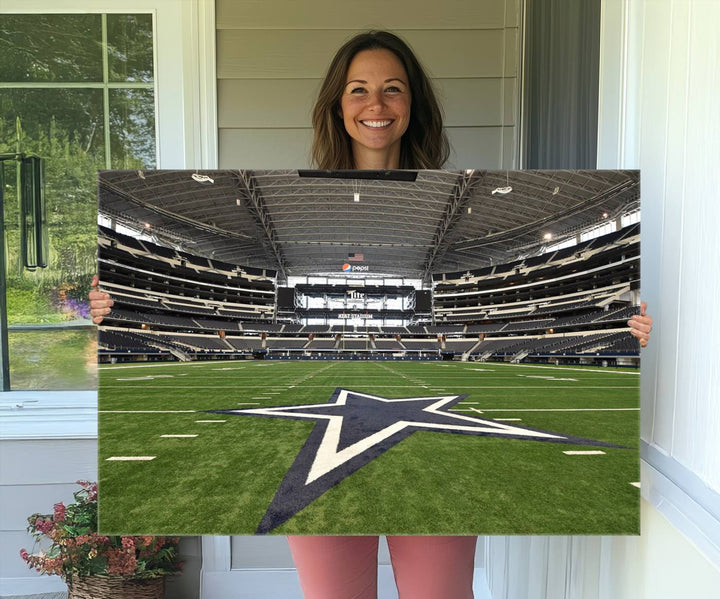 AT&T Stadium Dallas Cowboys Canvas Print displayed above a dining table.