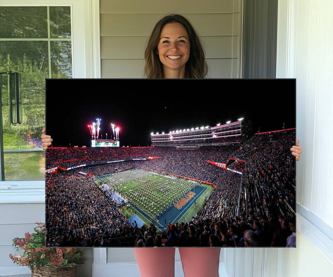 The Gators Night Game Canvas Art captures a lively night at Ben Hill Griffin Stadium with vibrant fireworks and the energy of a live band.