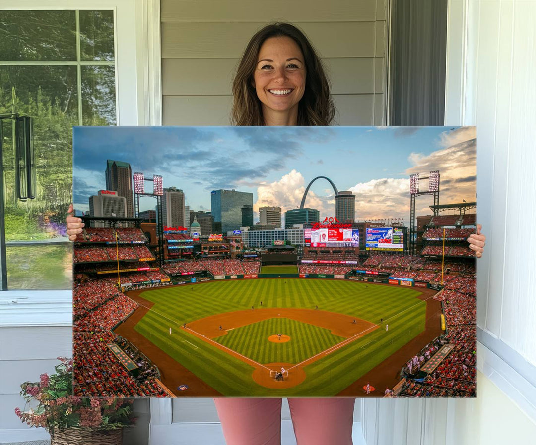 A Busch Stadium canvas print featuring a cityscape, ideal for enhancing living room or man cave sports decor.