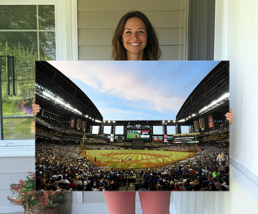 The wall art is an Arizona Diamondbacks Baseball Print depicting a packed Chase Field Stadium under a clear blue sky.