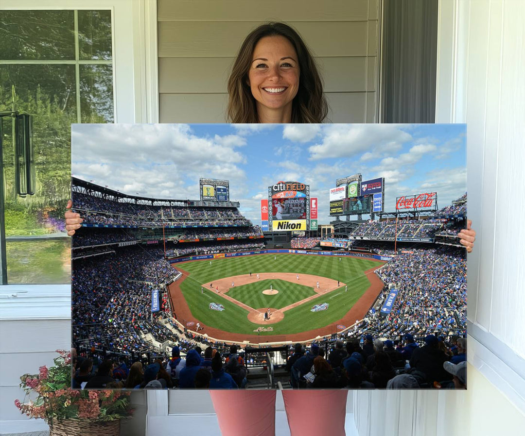 A wall art piece featuring a New York Mets Baseball Team print of Citi Field during a thrilling game under a blue sky.