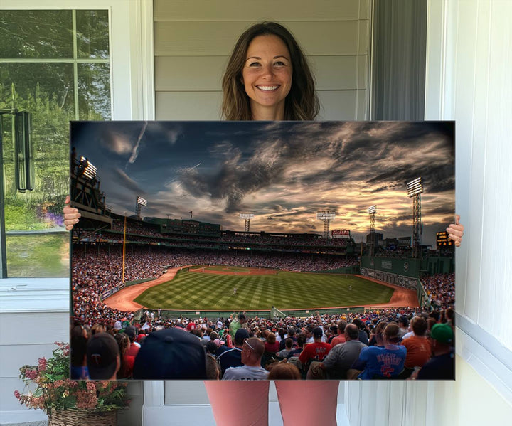 Boston Red Sox canvas print of Fenway Park at sunset, ideal for sports fans.