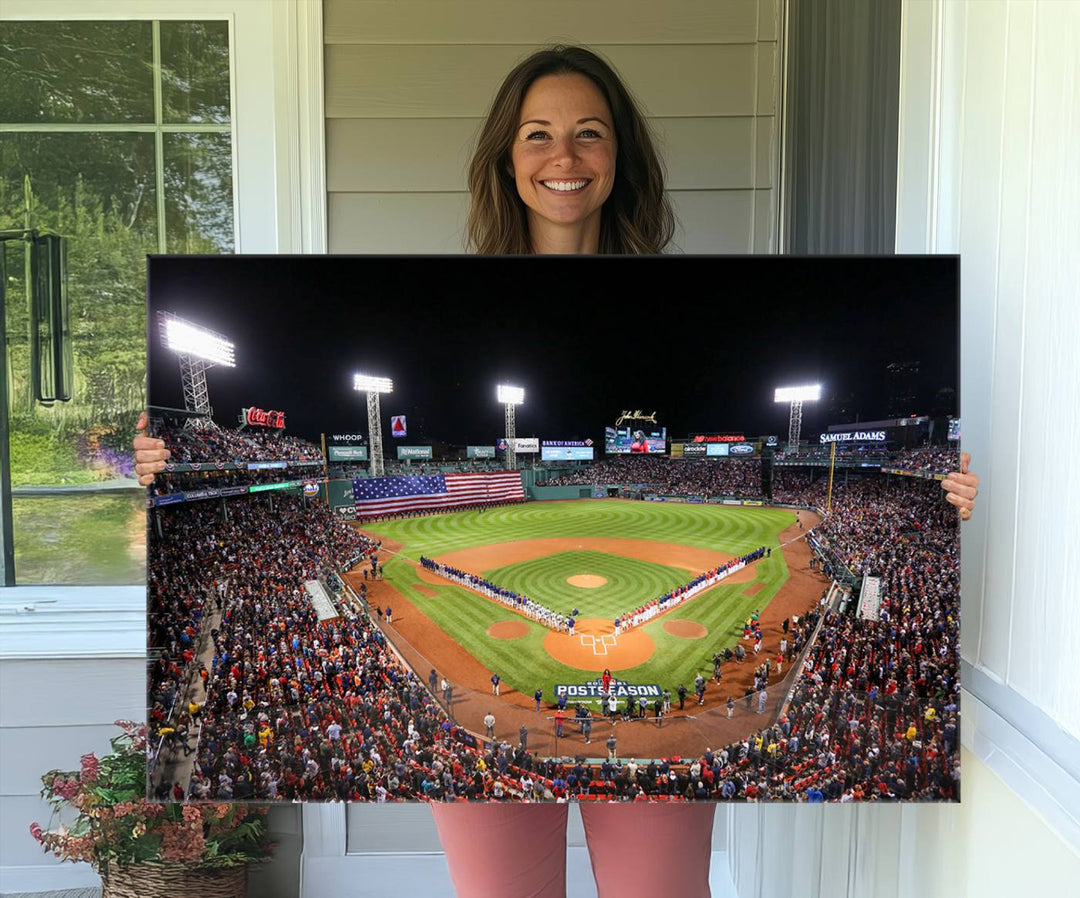 The Fenway Park Wall Art Canvas Print showcases a stunning aerial view of Bostons iconic ballpark at night, making it an ideal piece for any Red Sox enthusiast.