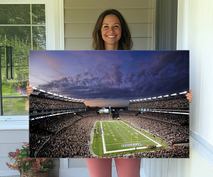 A large New England Patriots Foxborough Gillette Stadium wall art canvas print at sunset.