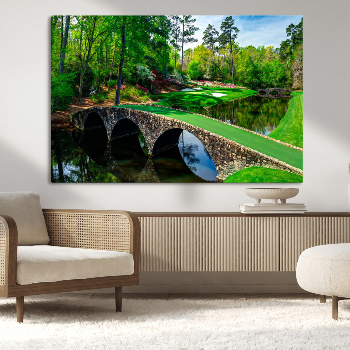 MGV-CV-36X24 - Augusta National Golf Club Wall Art - Panoramic Bridge & Lush Greenery – Premium Framed, Ready-to-Hang Triptych Canvas