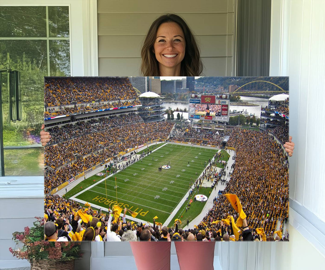 Heinz Field wall art and a cityscape serve as the backdrop.