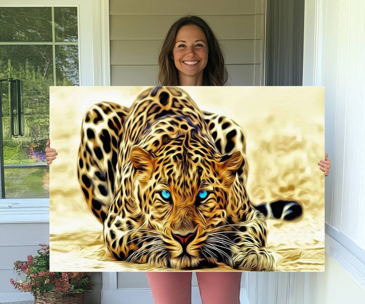 The Blue-Eyed Leopard Canvas Wall Art features a fierce and captivating design, perfect for wildlife enthusiasts. Its bold imagery makes it a striking decor piece, ready to hang.