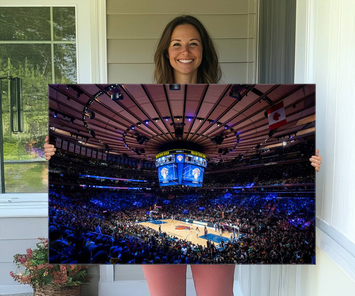 A print depicting an NBA game at Madison Square Garden, highlighting the scoreboard.