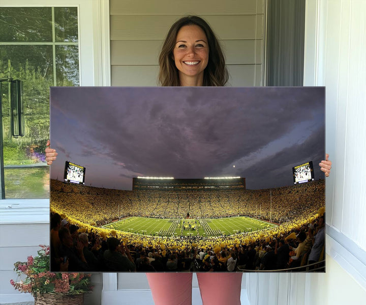 Michigan Stadium Wall Art Canvas Print of a night game by the Wolverines.