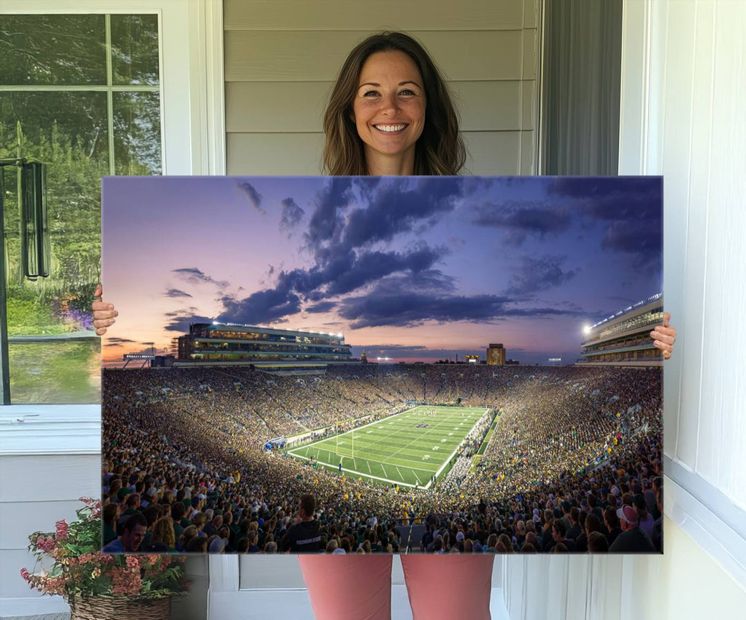 As the sun sets, a stunning backdrop highlights the Notre Dame Fighting Irish Football Team Print.