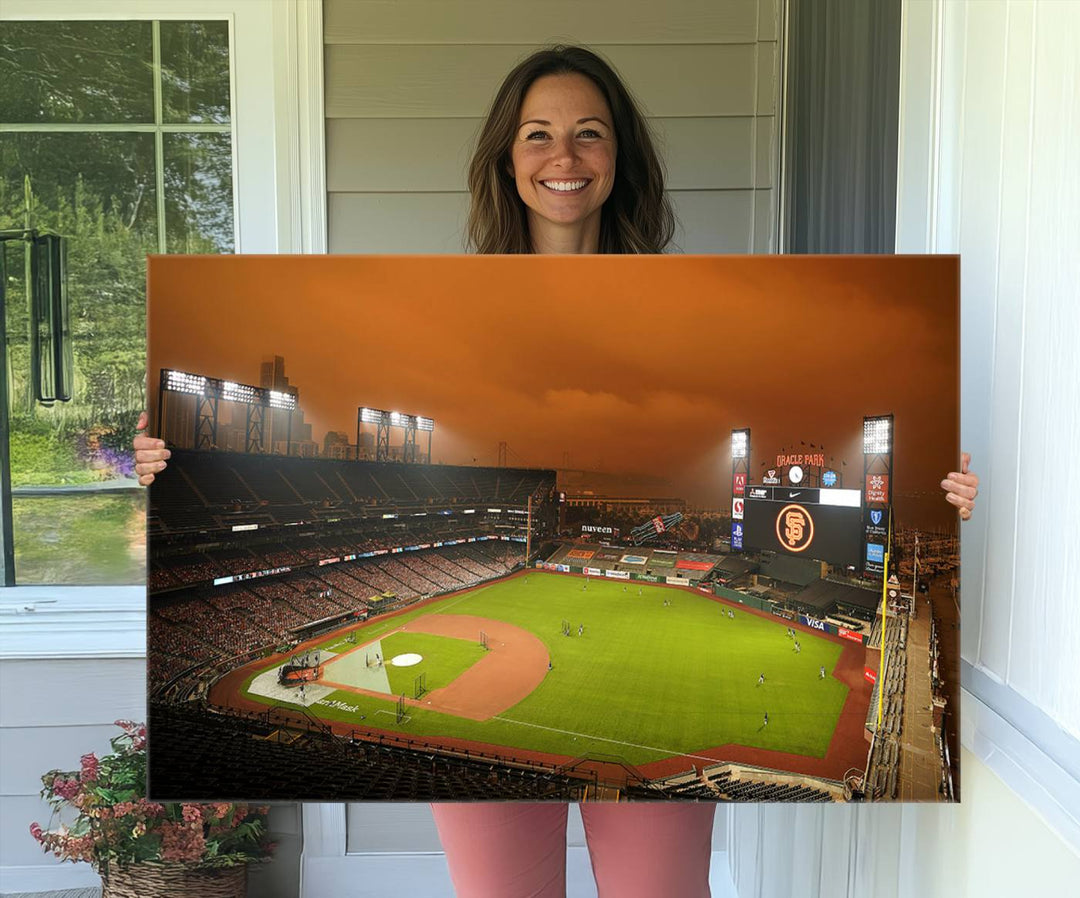 A canvas depicting an Oracle Park game with an orange sky, from SF Giants Stadium Wall Art.