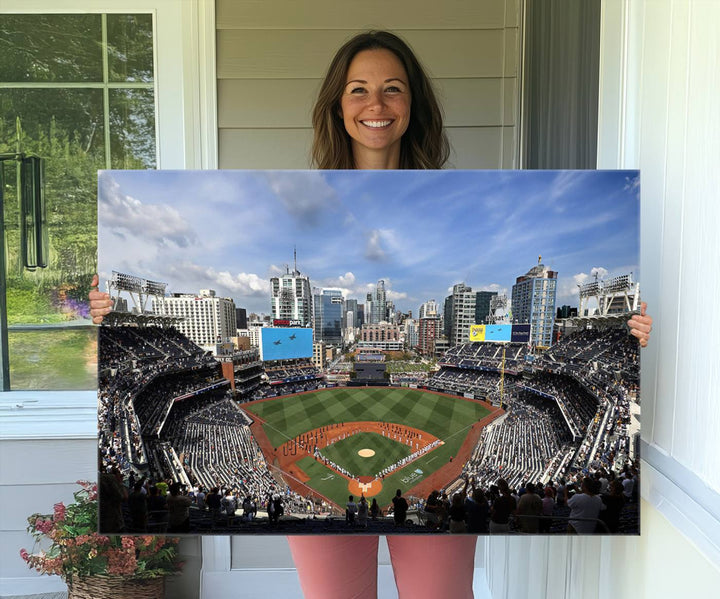 The San Diego Padres Baseball Canvas Print of Petco Park enhances the modern kitchen-dining area.