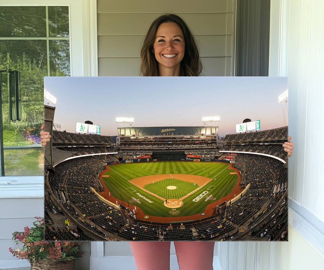 Oakland Athletics wall art canvas featuring the interior of RingCentral Coliseum Stadium.