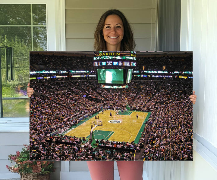 A vibrant depiction of a TD Garden basketball game is beautifully captured in the Boston Celtics Triple Canvas Wall Art, which comes framed and ready to hang.