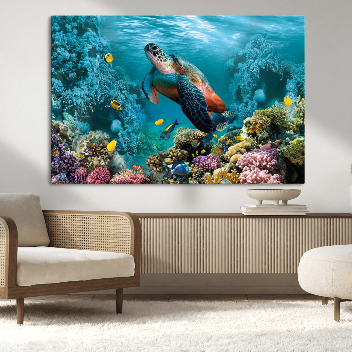 MGV-CV-36X24 - Sea Turtle and Coral Reef Triptych Wall Art – Vibrant Underwater Scene Canvas Set for Ocean Lovers and Coastal Decor – Ready to Hang 3-Panel Artwork