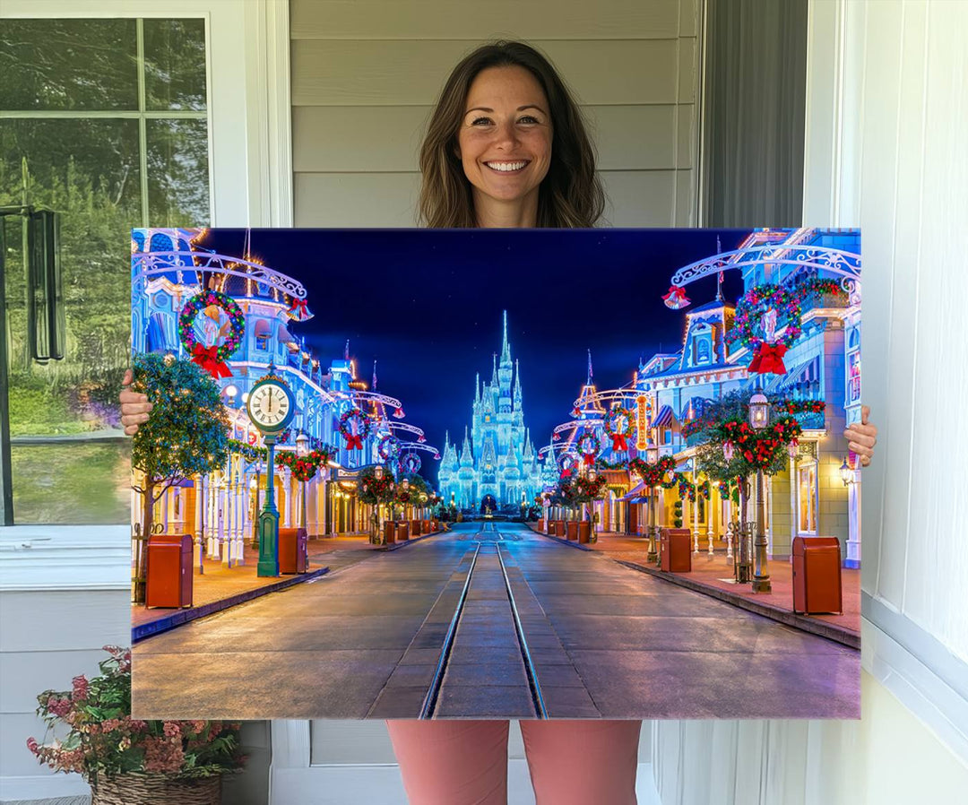 Disney wall art featuring a fantasy castle street at night.