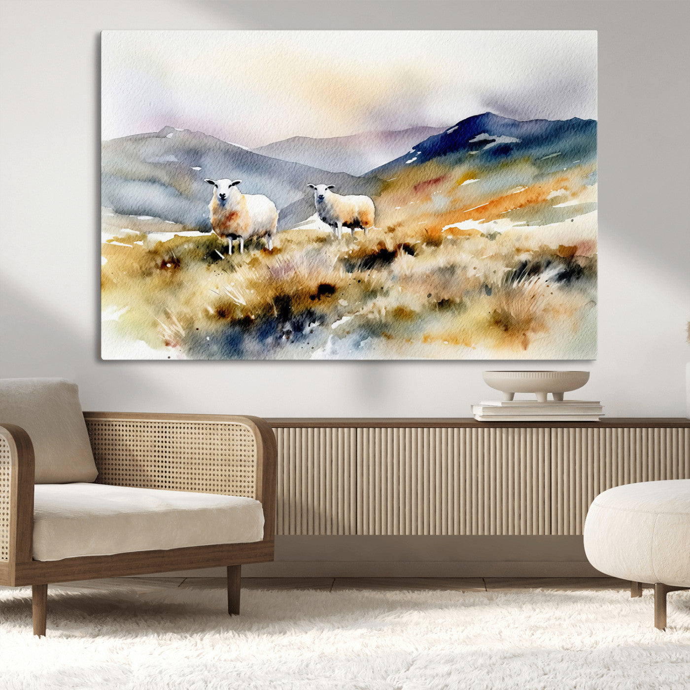 -Watercolor Sheep for Farmhouse Decor Wall Art Canvas Print, Mountain Wall Art Print