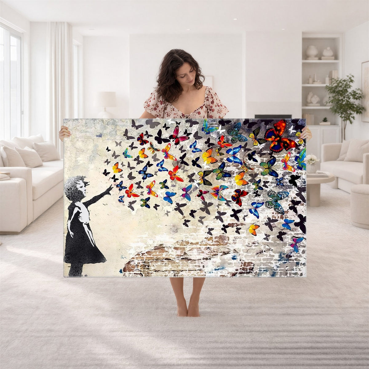 97895-MGV-CV-24X16 - Banksy Graffiti Wall Art Canvas Print, Girl Releasing Vibrant Butterflies