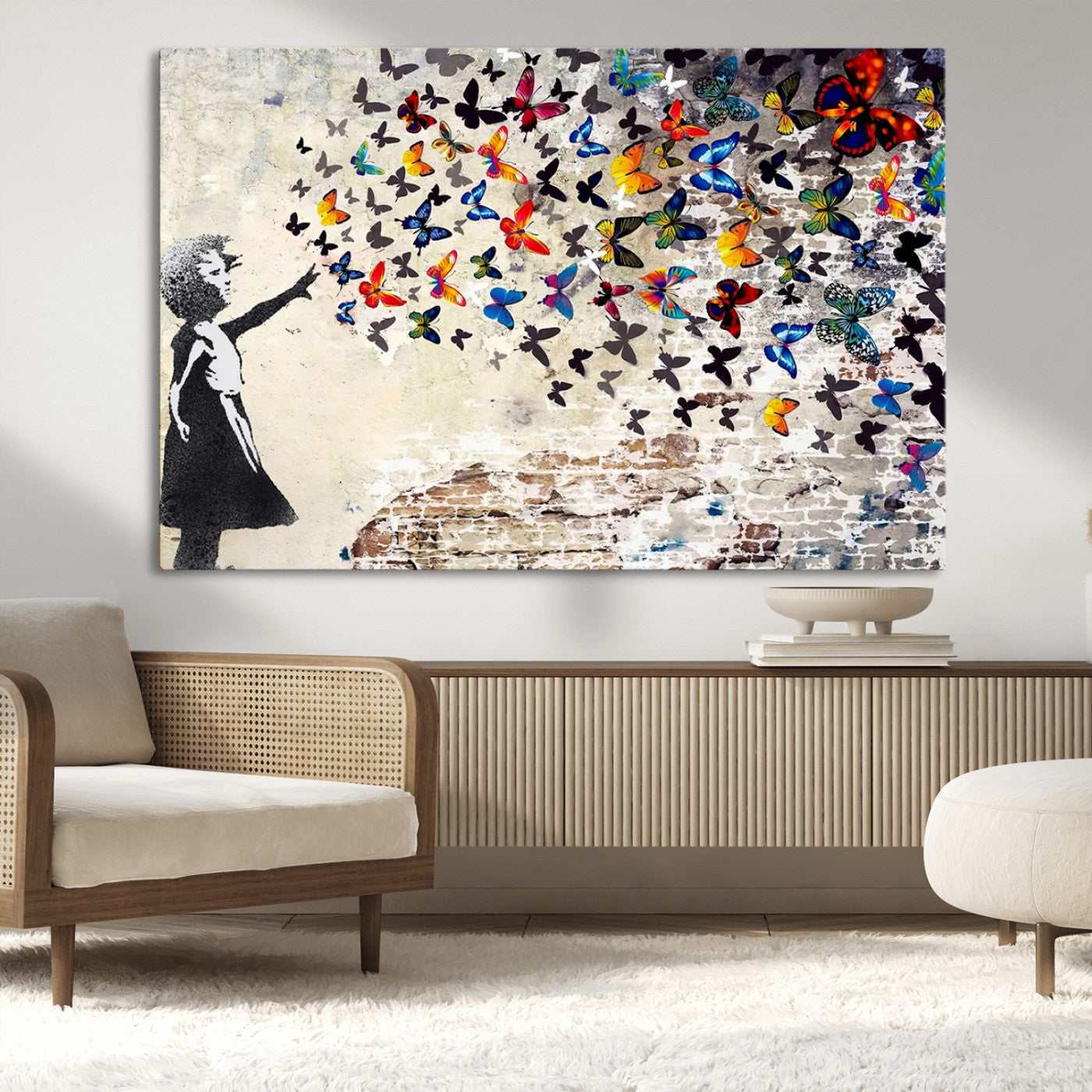 MGV-CV-36X24 - Banksy Graffiti Wall Art Canvas Print: Girl Releasing Vibrant Butterflies – Ready to Hang