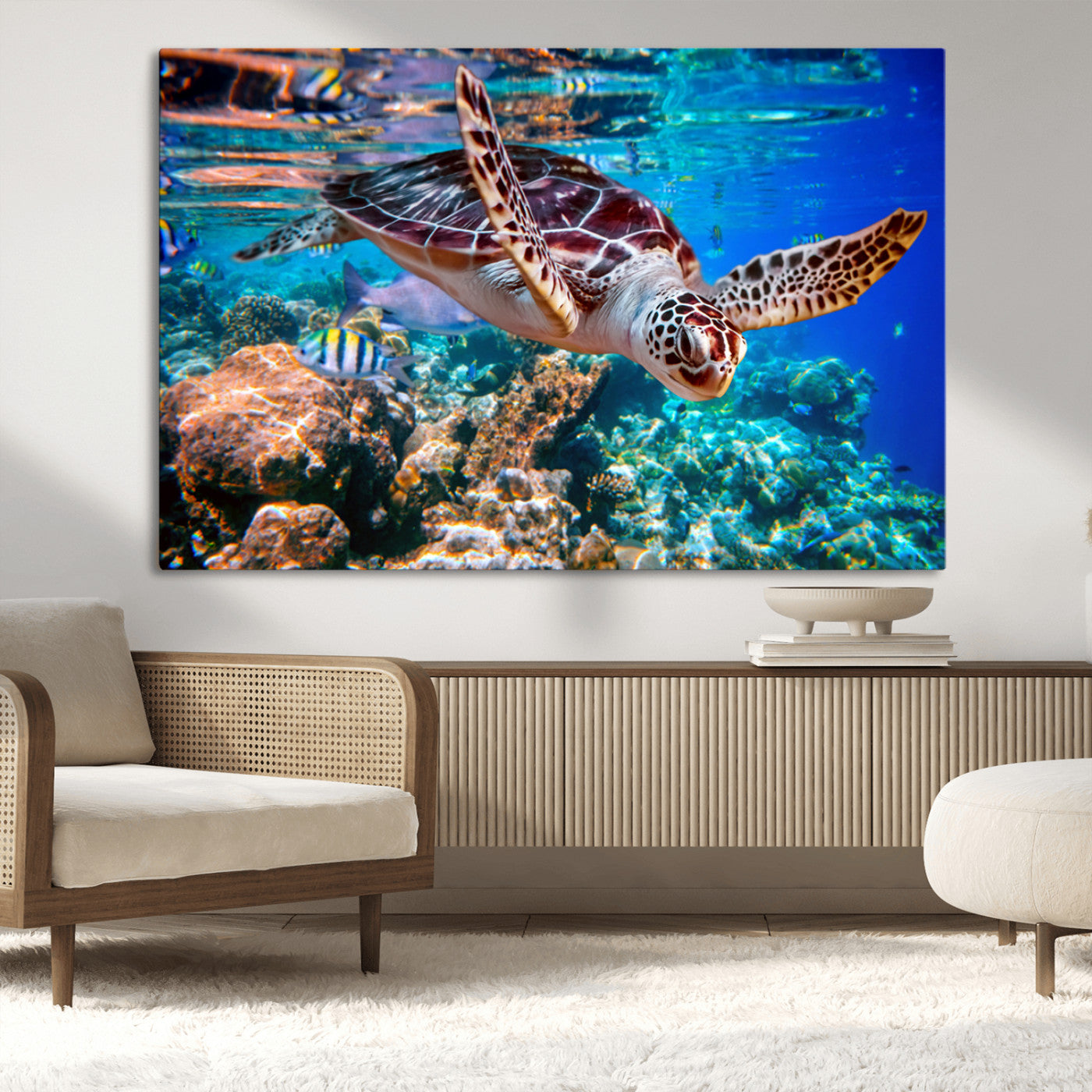 MGV-CV-36X24 - Underwater Coral Reef Sea Turtle Wall Art Canvas Print, Vibrant Marine Life | Colorful Ocean Scene