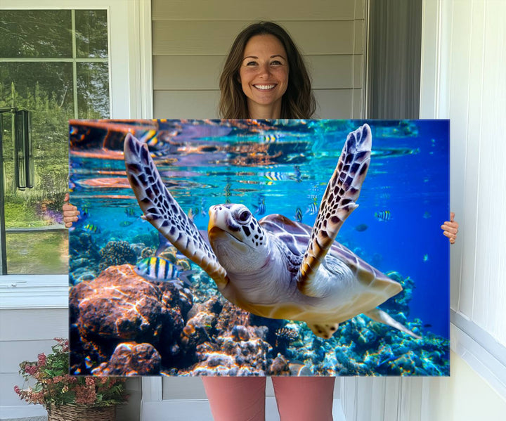 The Underwater Sea Turtle Wall Art Canvas Print serves as vibrant ocean décor, enhancing the kitchen with its stunning depiction.