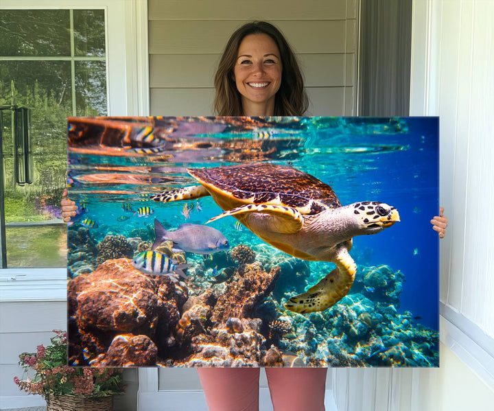 A Sea Turtle Wall Art Canvas Print features a colorful turtle swimming among coral. This artwork is ready to hang.