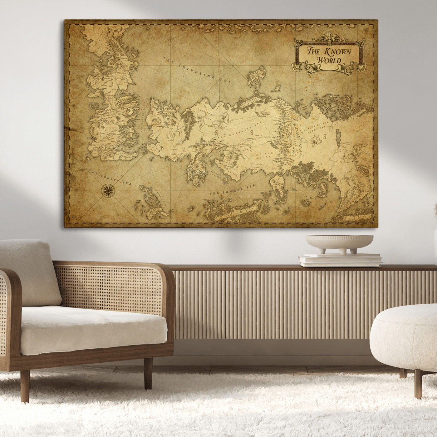 MGV-CV-36X24 - Vintage Game of Thrones Map Wall Art | Westeros and Essos Antique Style Print | The Known World in Triptych Canvas | Giclee Canvas for Fantasy Lovers