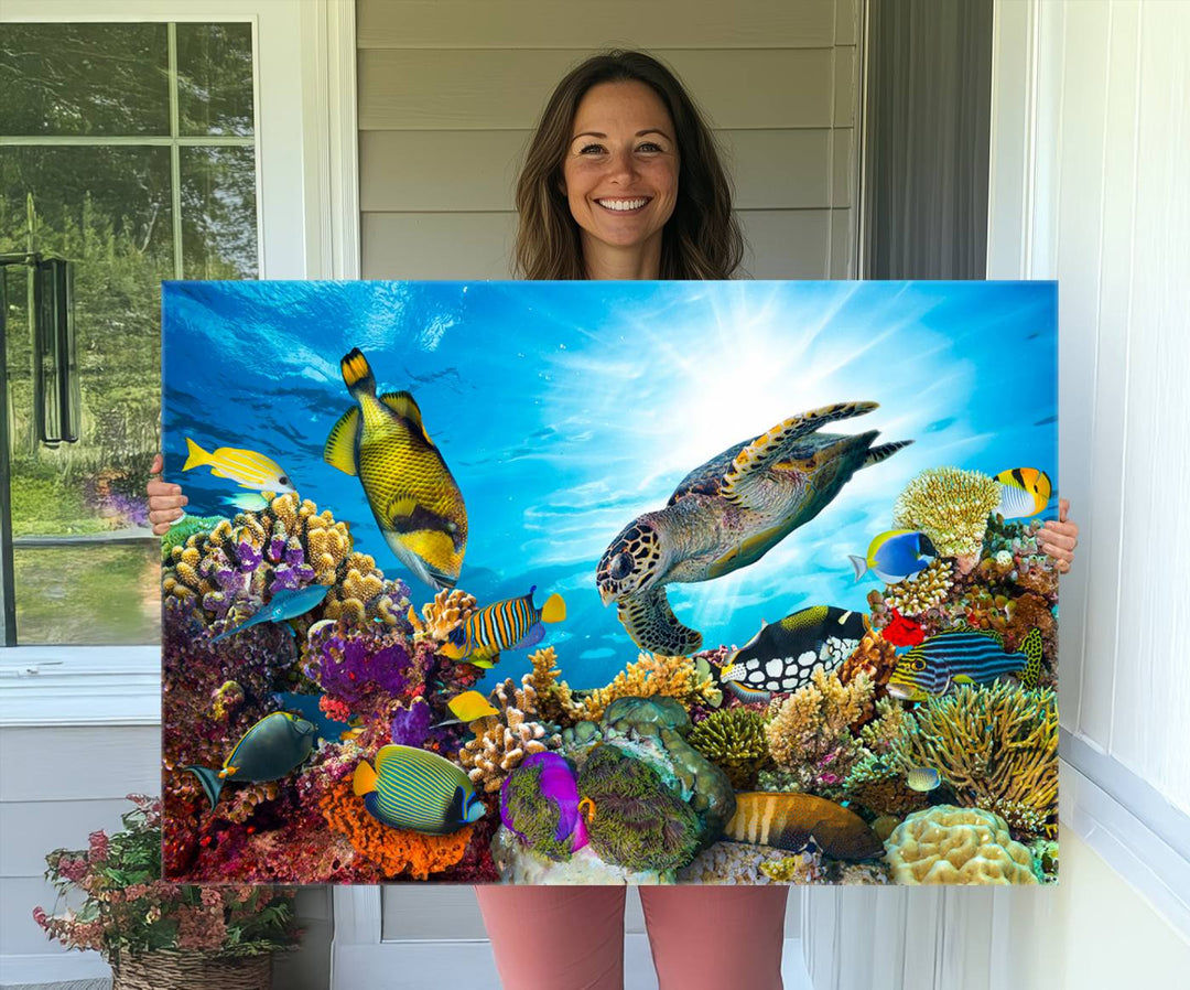 The Colorful Coral Reef and Sea Life Turtle Canvas Print brings vibrant ocean decor to your wall.