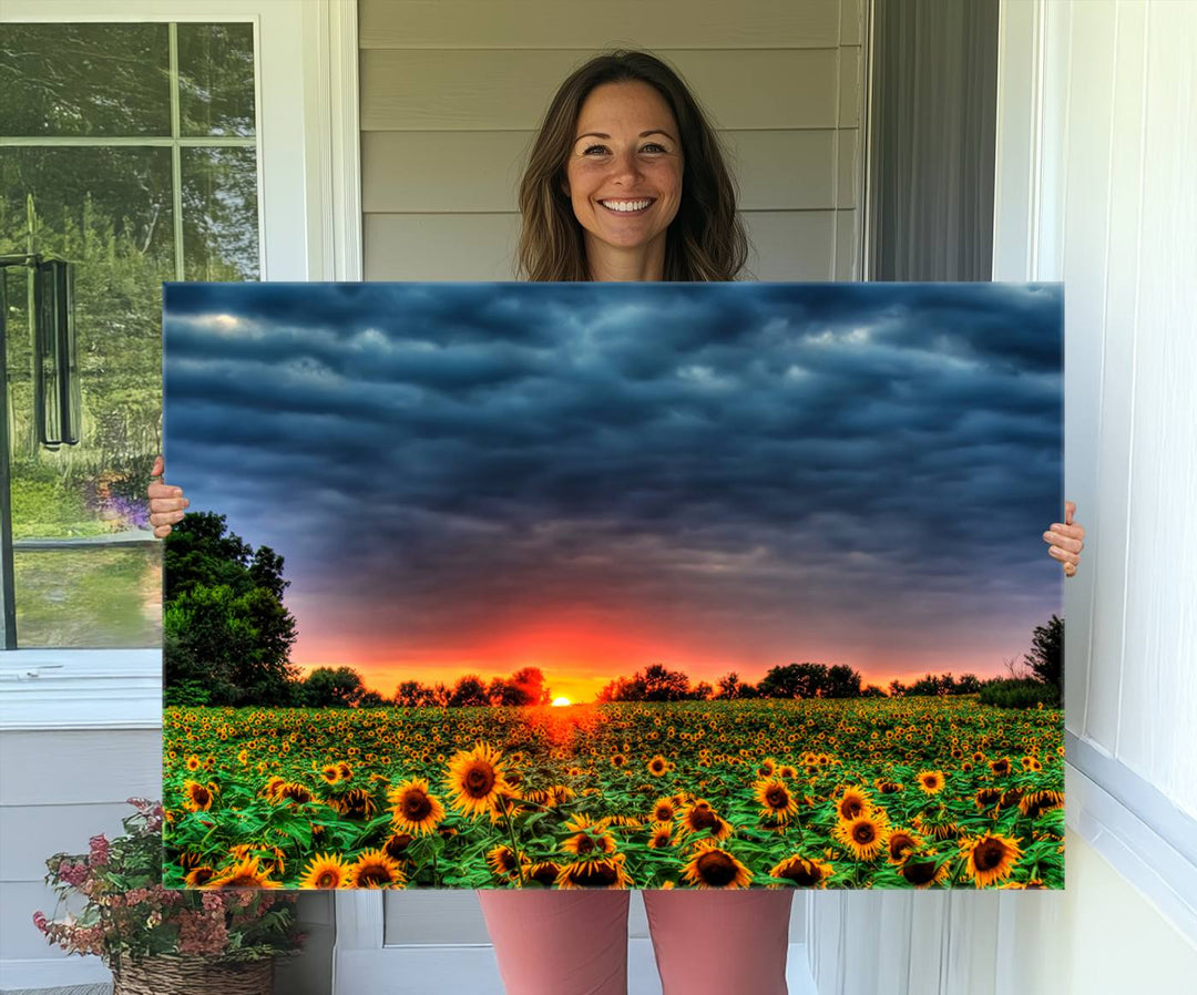 A Golden Sunflower Field at Sunset ready-to-hang wall art canvas print.