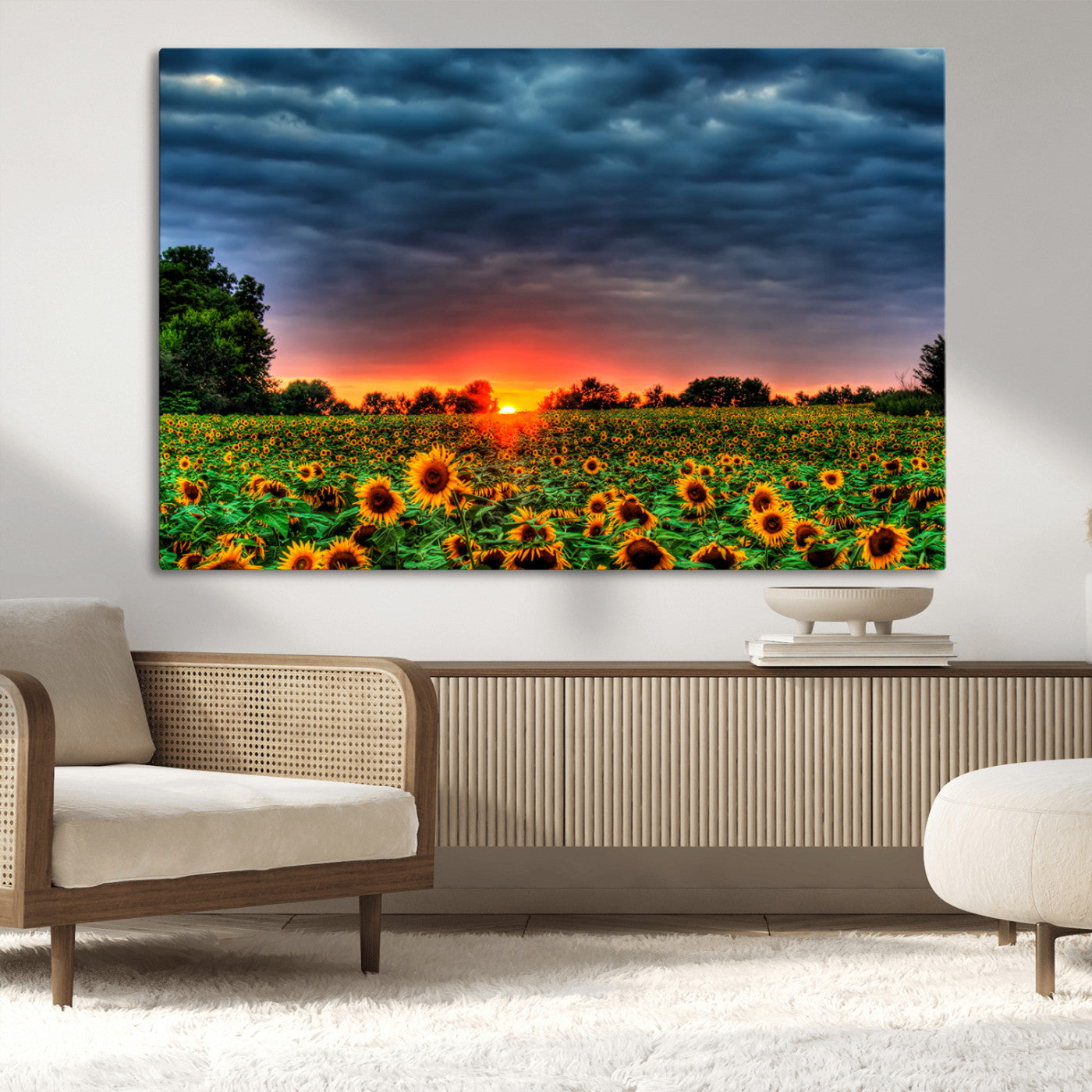 MGV-CV-36X24 - Golden Sunflower Field at Sunset – Breathtaking Sky and Vibrant Flowers, Ready to Hang Wall Art