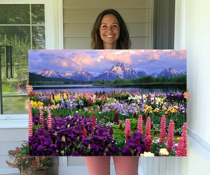 A Vibrant Wildflower Garden and Mountain View Giclee Print is displayed prominently on the wall.