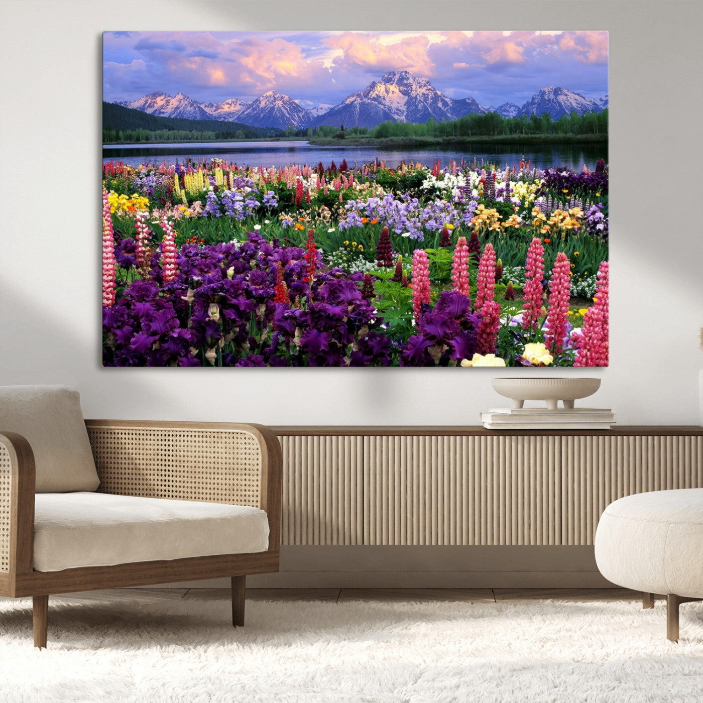 MGV-CV-36X24 - Vibrant Wildflower Garden and Mountain View Giclee Canvas Print | Floral Wall Art for Living Room