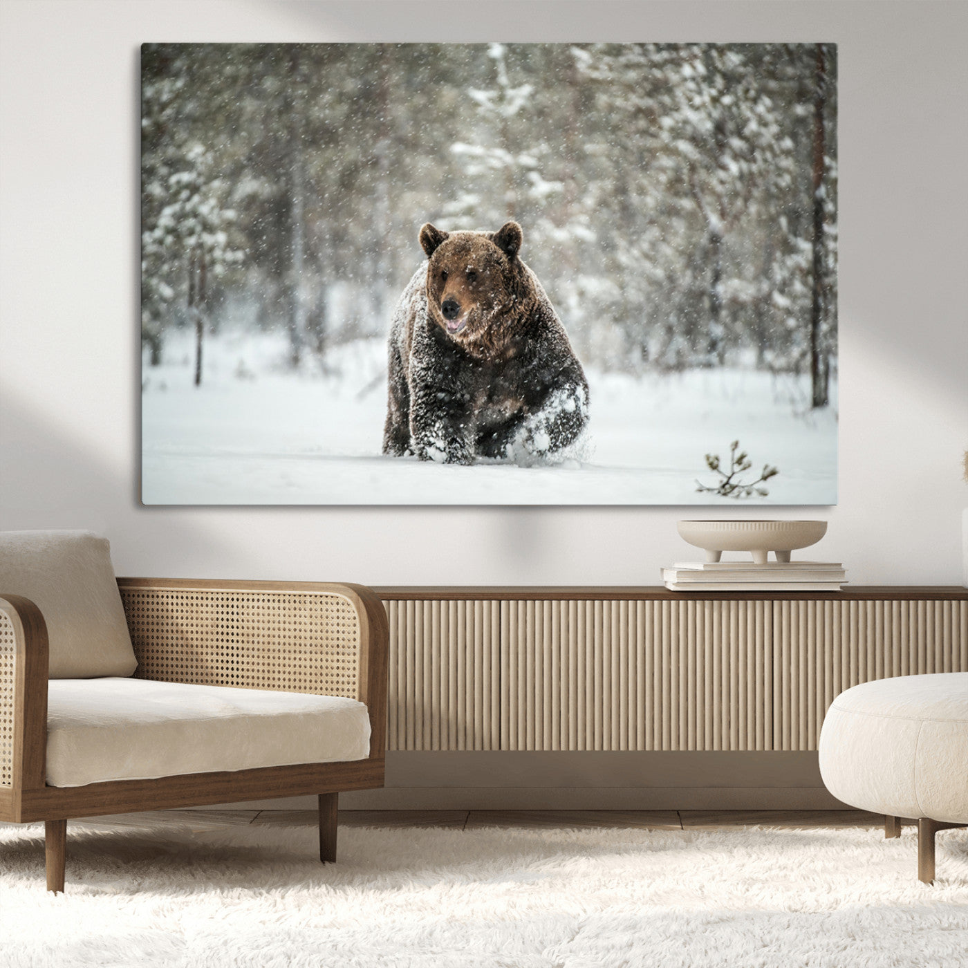 MGV-CV-36X24 - Wall Art Canvas Print – Grizzly Bear in Snowy Forest Powerful Presence Snowy Wilderness Wild Beauty