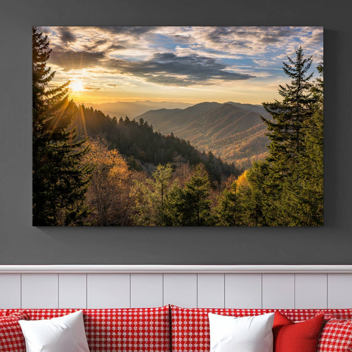 The dining area is beautifully decorated with the Sunrise Over the Smoky Mountains Canvas Wall Art – a breathtaking scenic landscape photography in a stunning triptych that's ready to hang.