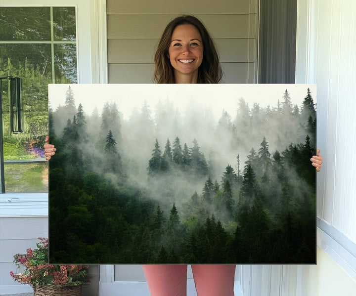 The Misty Forest Wall Art Canvas Print captures a serene, foggy evergreen landscape, evoking a mysterious woodland ambiance.