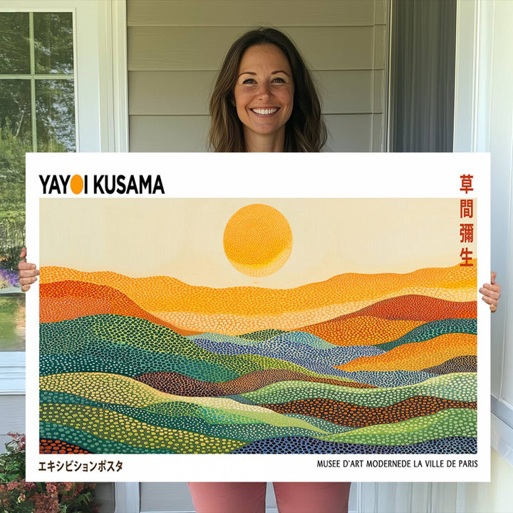 Framed Yayoi Kusama 1986 Wall Art: A vibrant abstract landscape featuring Wabi Sabi hills and a sun, created by the Japanese artist.