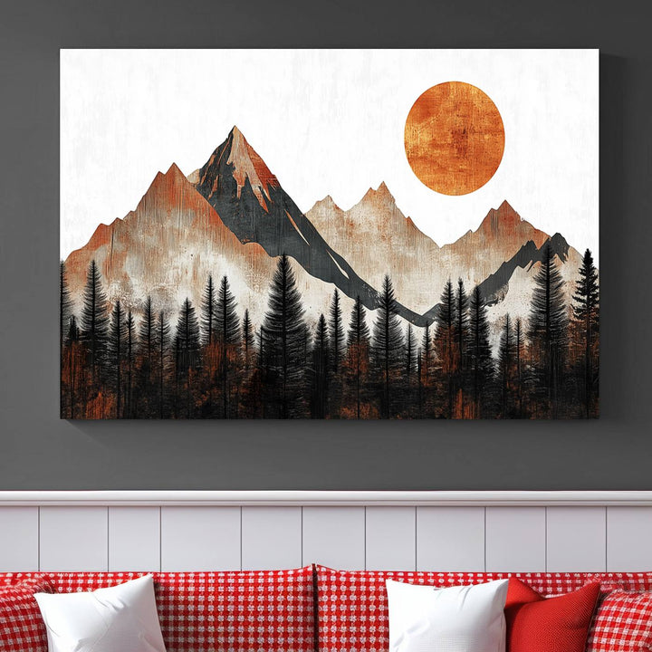 The "Modern Abstract Mountain Canvas Wall Art Print" in the living room features an abstract landscape of mountains, trees, and a warm-toned sun.