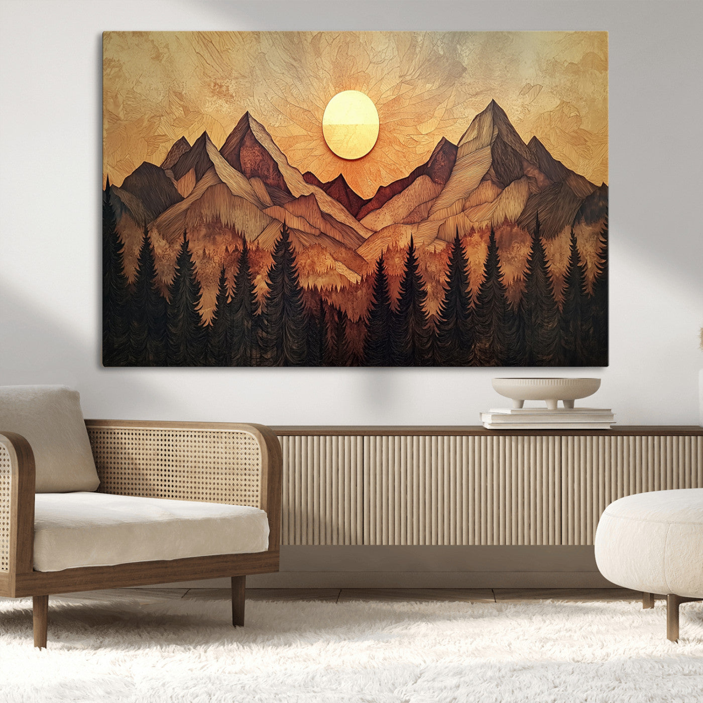 MGV-CV-36X24 - Wood Style Abstract Mountain Sunset Canvas Wall Art Print - Warm Earth Nature-Inspired Decor for